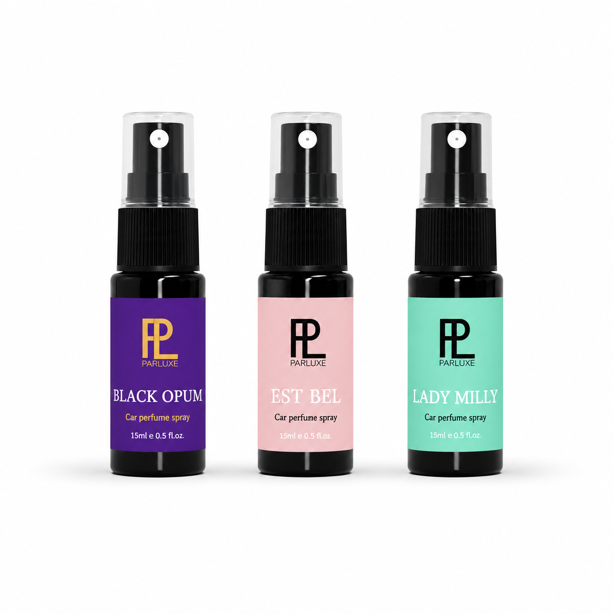 Parluxe 3-Pack Dames Auto Parfum Spray 15ml bundel met Black Opum, Est Bel en Lady Milly